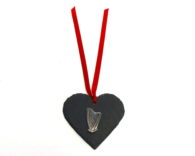 Harp Design Slate Heart Hanging Ornament Christmas Decoration Harp Gifts Irish Mum Gift Irish Christmas Gift Christmas Decoration image 3