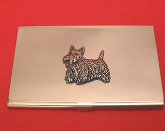 Scottish Terrier Chromed Card Holder With Hand Cast Pewter Motif Mother Father Scottish Terrier Gift