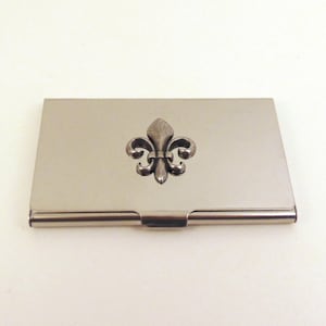 Porte-cartes design fleur de lys chromé - porte-cartes de visite professionnel - cadeau fleur de lys - cadeau de Noël pour la fête des pères