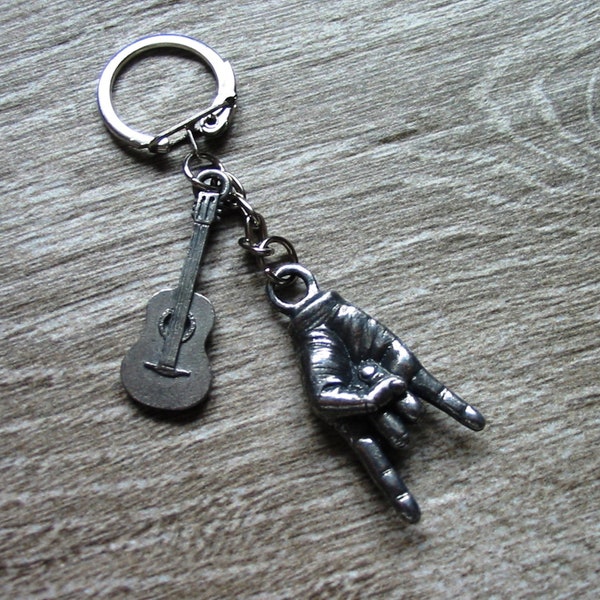 Rock On & Acoustic Guitar Pewter Keyring Combo - Heavy Metal Gift - Rock Music Keychain - Rock Band Music Gift - Fathers Day Gift