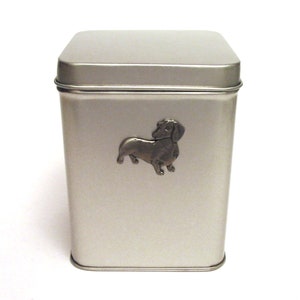 Dachshund Dog Design delightful Tin Tea Caddy With Pewter Motif Mother Xmas Dog Gift