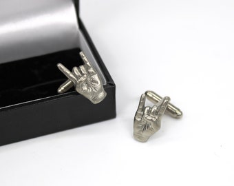 Boutons de manchette en étain design Rock On - Cadeau de mariage pour lui - Cadeau d'anniversaire papa - Cadeau papa rocker - Cadeau heavy metal - Boutons de manchette musique Rock Gift