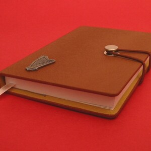 May include: A brown leather-bound journal with a silver harp design and a silver clasp. The journal has a white ribbon bookmark and is closed.