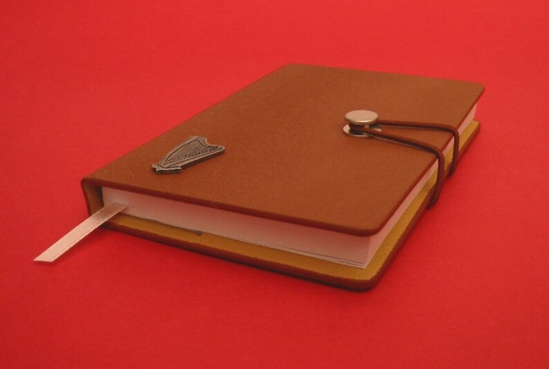 May include: A brown leather-bound journal with a silver harp design and a silver clasp. The journal has a white ribbon bookmark and is closed.