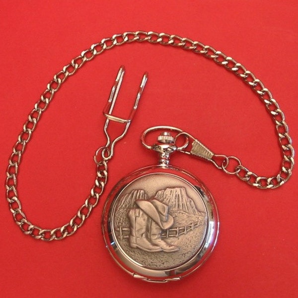 Ligne de danse Design Pocket Watch étain affronté avec Albert chaîne rodéo, pays & bottes de Cowboy Western cadeau fête des pères