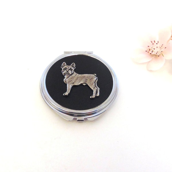 Boston Terrier Design Round Compact Mirror with Black Faux Leather Finished Top - Boston Terrier Gift - Daughter Mum Bridesmaid Gift