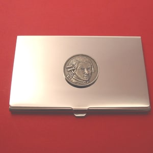 Wolfgang Amadeus Mozart verchromte Karte Halter mit Hand gegossen Zinn Plaque klassische Musik Lehrer Geschenk
