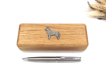 Boîte à stylos et ensemble de stylos en bois de chêne design Husky - Cadeau Husky sibérien - Cadeau chien maman et papa - Cadeau d'anniversaire de Noël - Cadeau de fête des pères