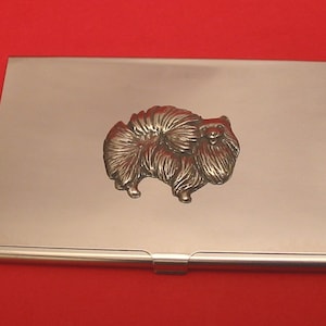 Pomeranian Dog Chromed Card Holder With Hand Cast Pewter Motif Mother Father Pomeranian Gift