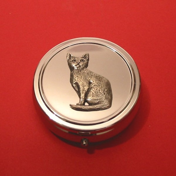 Sitting Cat Pewter Motif on Round Chrome Mint / Pill Box Mother Father Christmas Horse Gift