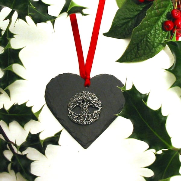 Tree Of Life Natural Slate Heart Hanging Ornament - Tree of Life Gift - Mum Dad Wellbeing Gift - Christmas Ornament 2023 - Ancestral Gift