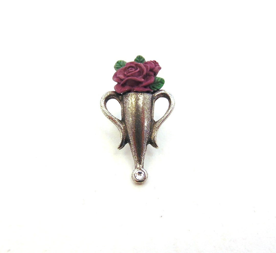 Poirot Style Boutonniere Brooch With Purple Rose Hand Painted Pewter