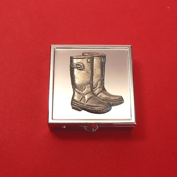 Wellington Boots Design Square Chrome Mint / Pill Box Small Trinket Box Pill Case for Medicine Vitamins - Mother's Day Father's Day Gift