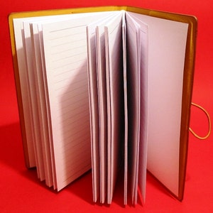 May include: A brown leather-bound journal with blank pages is open and fanned out. The journal has a gold-colored clasp and a decorative strap.