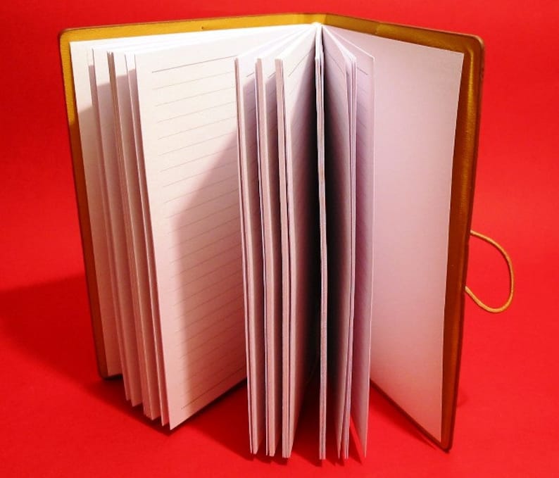 May include: A brown leather-bound journal with blank pages is open and fanned out. The journal has a gold-colored clasp and a decorative strap.