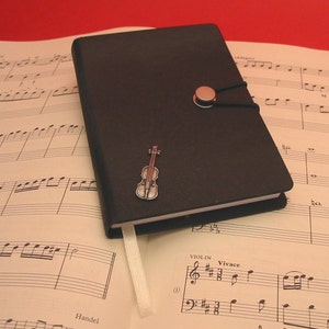 Violin Hand Cast Pewter Motif on A6 Black Journal - Violin Gift - Music Notebook - Music Teacher Gift - Violinist Gift - Dad Christmas Gift