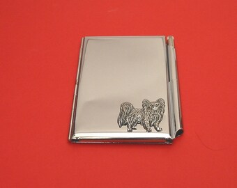 Papillon perro cromo cuaderno y soporte de la tarjeta de la pluma con la mano cast pewter motivo madre padre Papillon regalo