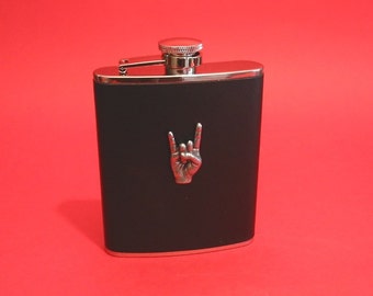 Rock On Black Leather 6oz Hip Flask Rock Music Gift Heavy Metal Gift Musician Gift