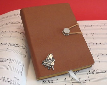 Grand Piano Hand Cast Pewter Motif on Tan A6 Notebook - Piano Gift - Music Journal - Teacher Musician Music Gift - Dad Christmas Gift