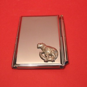 Dinosaur Chrome Notebook & Pen Card Holder With Hand Cast Pewter Motif T-Rex Gift Christmas Gift