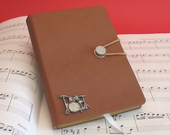 Drum Kit Hand Cast Pewter Motif on A6 Tan Notebook - Drums Gift - Music Journal - Husband Christmas Gift - Drummer Gift - Dad Christmas Gift