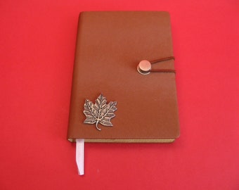 Maple Leaf Hand Cast Pewter Motif on A6 Tan Notebook - Maple Leaf Journal - Canadian Emblem Canada Gift - Canadian Dad Christmas Gift