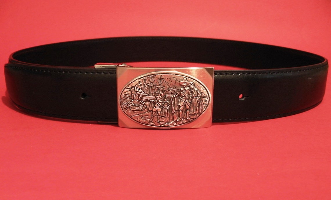 Pilgrim Fathers Motif On Buckle With Black Leather Belt | Etsy