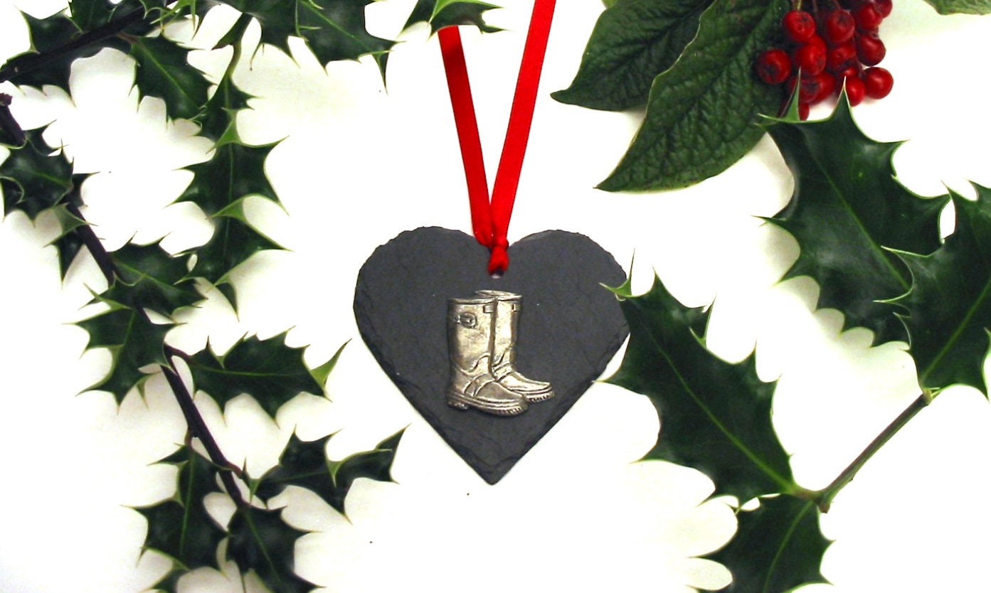 Wellington Boots Design Slate Heart Decoration - Hanging Ornament Home Decor Décoration de Noël 2021