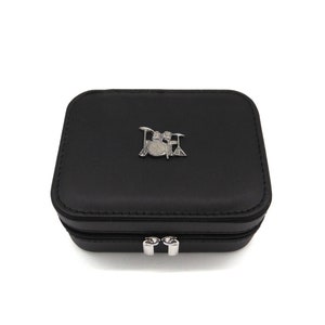 Joyero de viaje negro con diseño de batería / Accesorio de viaje / Estuche de joyería elegante / Regalo para baterista para él o ella / Regalo musical para papá rockero