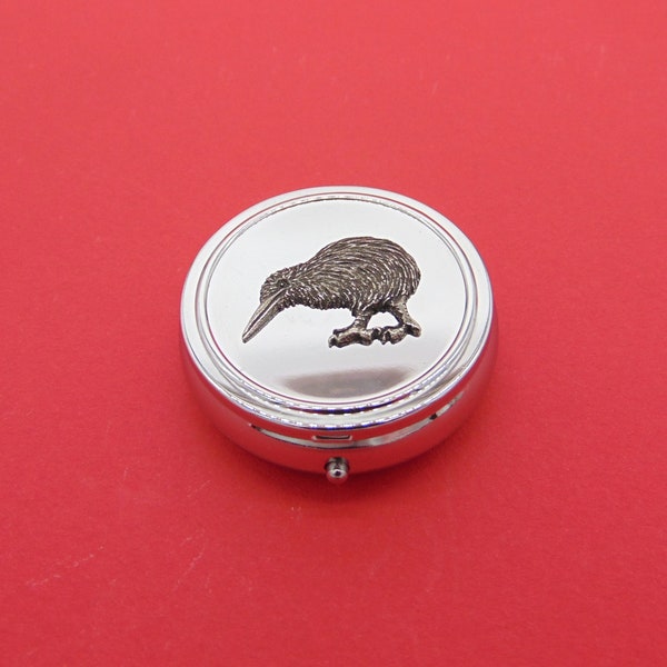 Kiwi Bird design Round Chrome Pill Box - Kiwi Bird Gift - Medication Organiser - New Zealand Gift - Travel Pill Case - Mum Christmas Gift