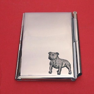 Staffordshire Bull Terrier Chrome Notebook & Pen Card Holder With Hand Cast Pewter Motif Mother Father Staffie Gift