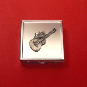 Cowboy Hat & Guitar Design Square Chrome Mint Pill Box Small Trinket Box Pill Case for Medicine Vitamins - Mother&#39;s Day Father&#39;s Day Gift