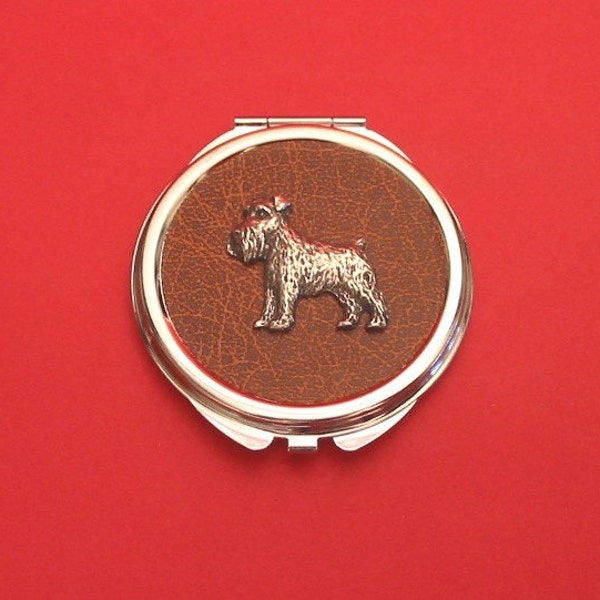 Miniature Schnauzer Pewter Motif On Round Compact Mirror with brown faux leather finished top Mother Ladies Christmas Dog Gift