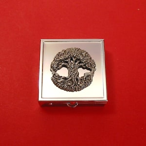 Tree of Life Design Square Chrome Mint / Pill Box Small Trinket Box Pill Case for Medicine Vitamins - Ancestry Well Being Gift