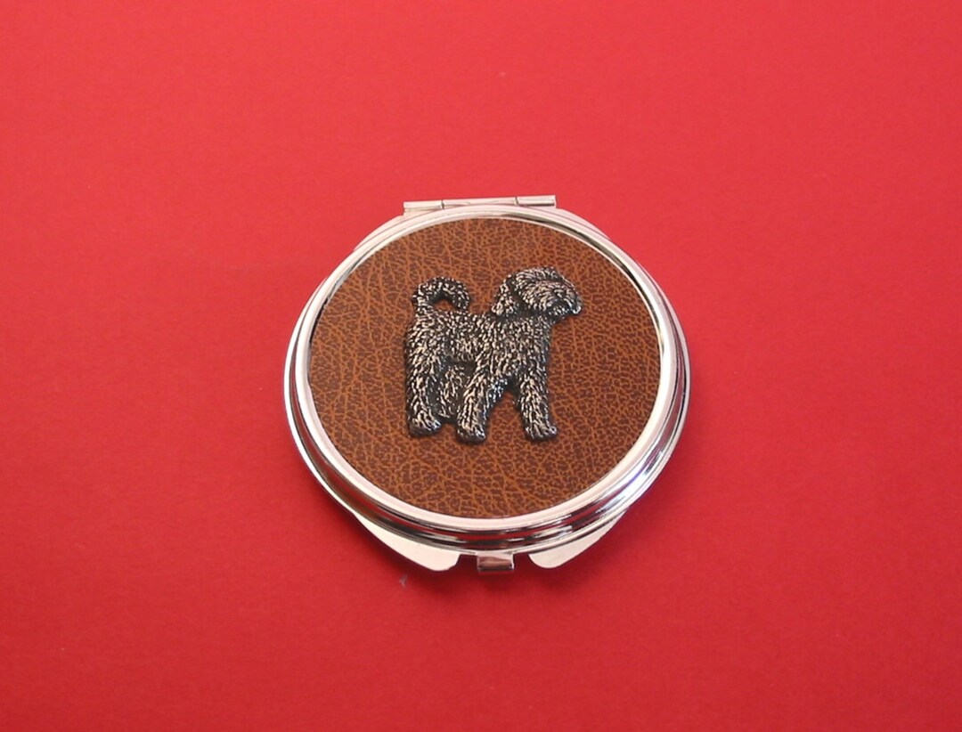 Pewter Cockapoo Cockapoo Pewter Motif on Round Compact Mirror With Brown Faux-leather ...