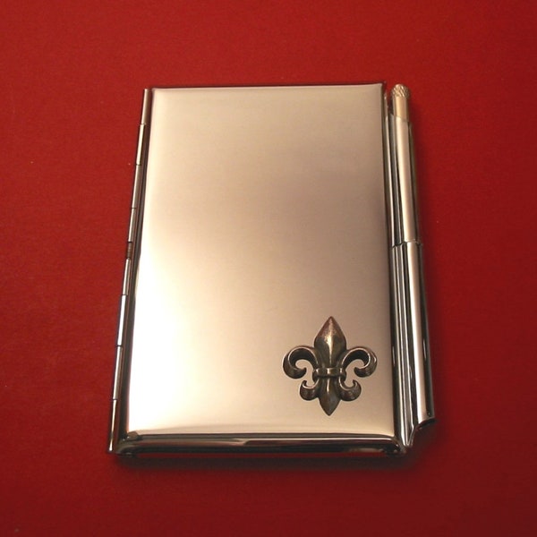 Fleur de Lis Design Chrome Notebook & Pen Card Holder - Pocket Notepad Note Book - Fleur de Lis Gift - Wedding Christmas Gift