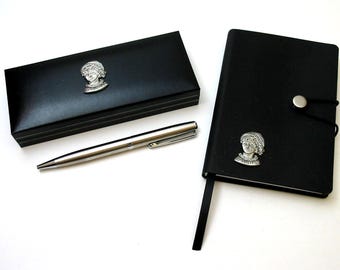 Jane Austen design Black A6 Notebook, PU Leather Black Pen Box & Pen Gift Set, Jane Austen Book Lover Gift