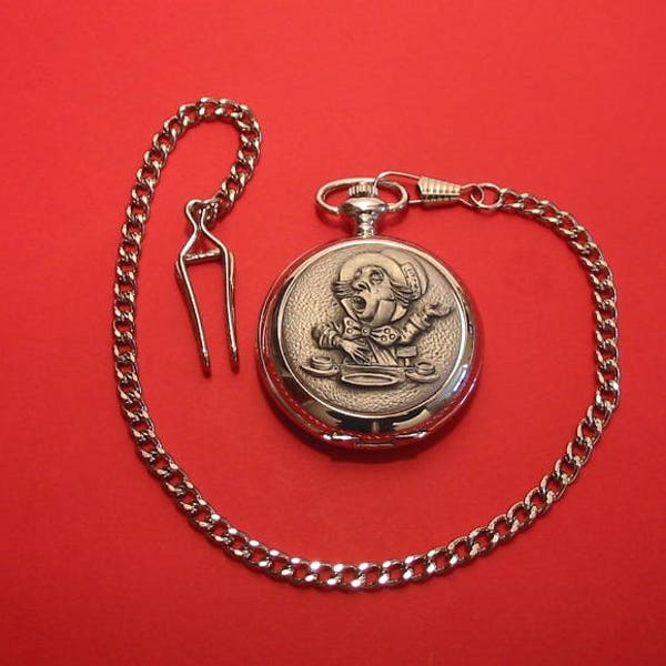 Alice in Wonderland 'Mad Hatter' Design Pocket Watch Pewter Fronted With Albert Chain Mother Fathers Day Gift Christmas