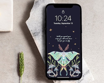 Luna moth phone wallpaper, mushrooms and plants, gouache illustration, downloadable