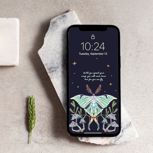 Luna moth phone wallpaper, mushrooms and plants, gouache illustration, downloadable