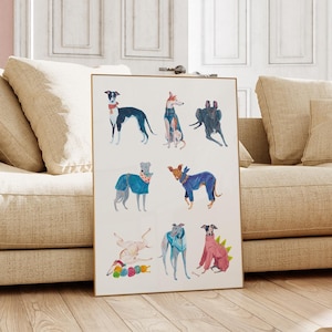 Greyhound Print, Dog Lover or New Puppy Gift, Whippet, Lurcher, Longnose, Sighthound, Gouache art