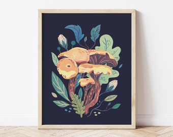 Chanterelle Mushroom Art Print with Plants, Botanical and Nature Wall Decor, Colourful and Quirky