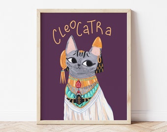 Cleopatra art, cat art illustration poster, Egypt history art, colourful illustrated cat