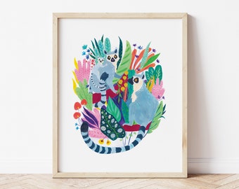 PERSONALISABLE Lemur Family Print, Animal Art, Botanical Art, Animal Print, Nursery Wall Art, Home Decor, UK