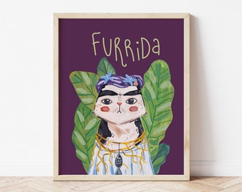 Frida Kahlo print, cat illustration, cat painting, pop culture artwork, cat lover gift