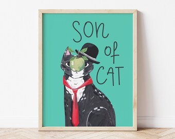 Son of Man cat art print, Magritte painting, cute cat illustration gift for cat lovers