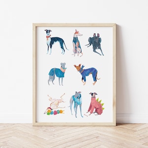 Greyhound Print, Dog Lover or New Puppy Gift, Whippet, Lurcher, Longnose, Sighthound, Gouache art image 1