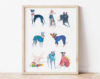 Greyhound Print, Dog Lover or New Puppy Gift, Whippet, Lurcher, Longnose, Sighthound, Gouache art