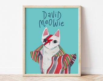 Dawid Bowie cat illustration, pop culture artwork, music art print, cat lover gift