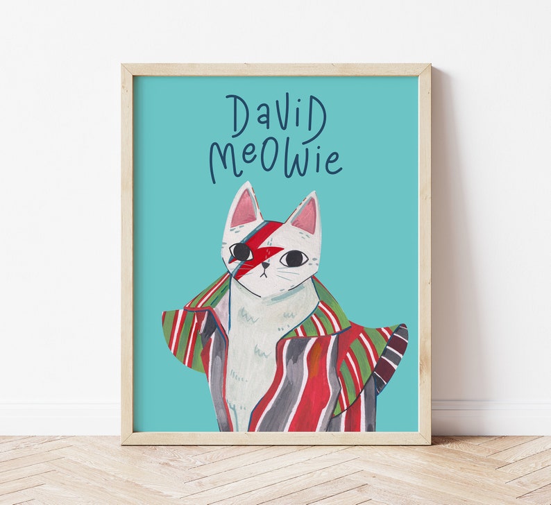 Dawid Bowie cat illustration, pop culture artwork, music art print, cat lover gift image 1